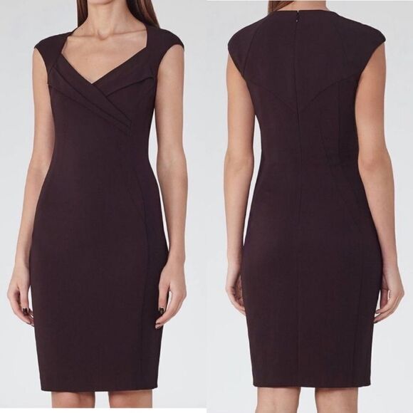 REISS Mora Fitted Pencil Midi Dress with Cap Sleeve Grape Size 6 - Picture 3 of 15